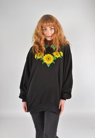 VINTAGE BLACK SUNFLOWER PRINT DOUBLE COLLAR SWEATSHIRT