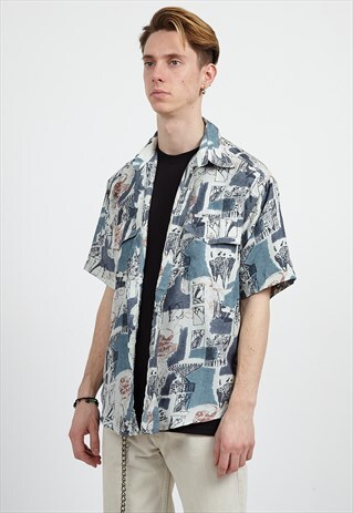 VINTAGE WHITE BLUE SHORT SLEEVE SILK SHIRT
