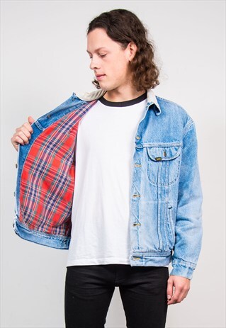 VINTAGE 90'S LEE FADED BLUE DENIM LINED CORD COLLAR JACKET