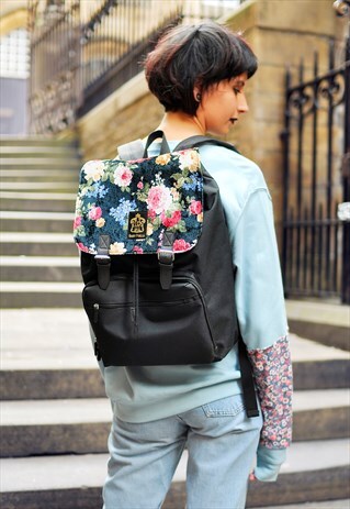 FLORAL PRINT VELVET PANEL LAPTOP BACKPACK