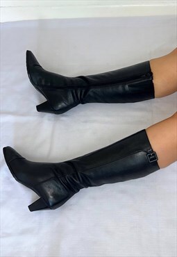 Vintage Black Leather 90s Knee High Boots