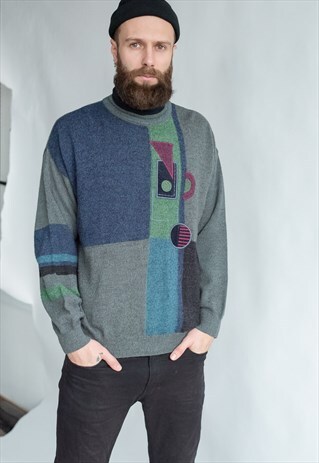 VINTAGE 80S DADS JUMPER WITH ABSTRACT GREY PATTERN