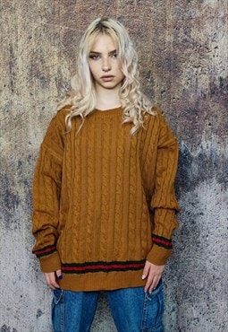 Cable knitwear sweater contrast stripe retro jumper in brown