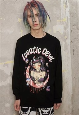 Anime print sweatshirt devil slogan Gothic thin top black