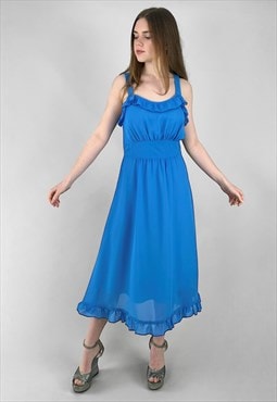 &0's Vintage Blue Slip Style Prairie Ruffle Midi Dress