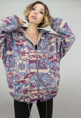VINTAGE 90S PATTERNED COAT JACKET FLEECE LINED