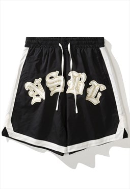 Graffiti basketball shorts shiny patch skater pants in black