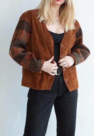 VINTAGE 70S ROUND-NECK SUEDE JACKET WITH CONTRAST SLEEVE