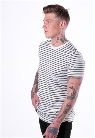 ESSENTIAL STRIPED T-SHIRT - WHITE/HEATHER GREY