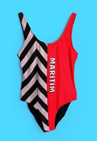 VINTAGE 80'S RETRO SWIMSUIT BLACK WHITE RED