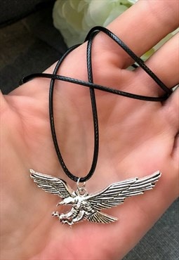 Silver Coloured Eagle Black Cord Necklace