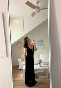 Vintage 90s maxi dress in black with silver bar detailing 