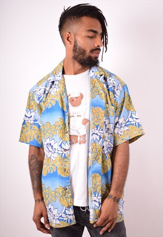 MENS VINTAGE SHIRT LARGE BLUE FLORAL 90S