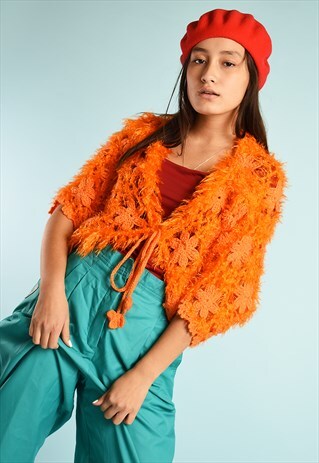 VINTAGE 90'S FURRY FLUFFY SHEER CROCHET KNIT CARDIGAN JACKET