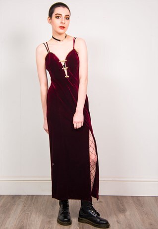VINTAGE 90'S BURGUNDY VELVET GOLD GEM EMBELISHED DRESS