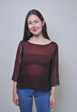 Vintage 90s sheer blouse, transparent red blouse neon 