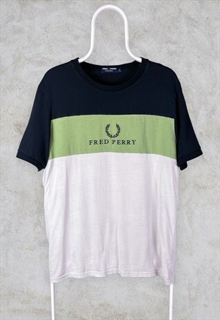 VINTAGE FRED PERRY T-SHIRT EMBROIDERED SPELL OUT STRIPED L