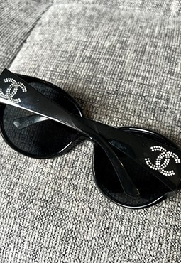 Chanel Sunglasses Oversized Round Black Crystal CC Logo 6013