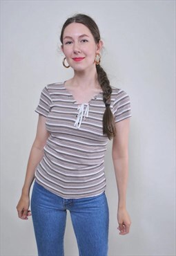 Vintage minimalist striped tee, lace collar women tshirt