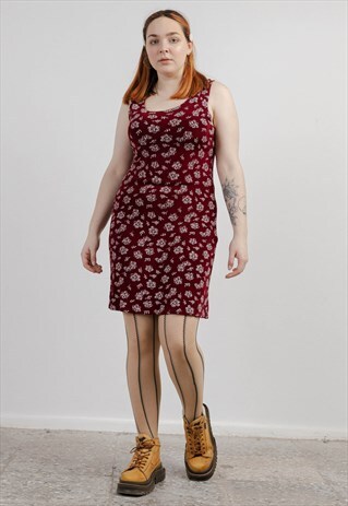 VINTAGE 90S GRUNGE BURGUNDY ROUND NECK FLORAL MIDI DRESS M/L