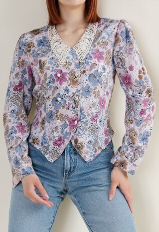 VINTAGE PUFFY SLEEVE LACE COLLAR WATERCOLOR FLORAL BLOUSE S