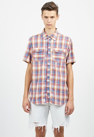 VINTAGE BLUE YELLOW RED PUMA SHORT SLEEVE CHECKERED SHIRT