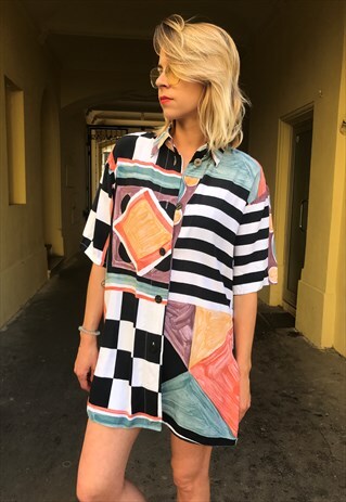 VINTAGE 80' RAINBOW CRAZY PATTERN VISCOSE UNISEX SHIRT