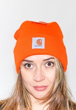 Orange Ribbed Knit  Carhartt Wool Logo Beanie Hat