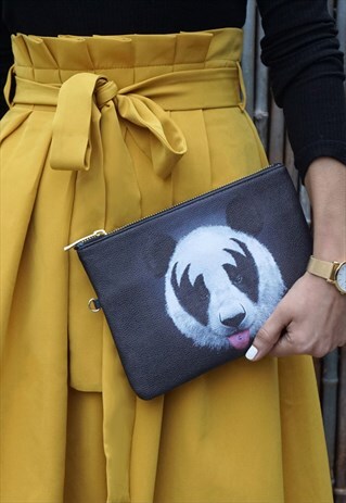 BLACK VEGAN CLUTCH BAG / ACCESSORY POUCH WITH PANDA PRINT