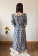 VINTAGE 70S DARK GREY BLUE & WHITE MAXI DRESS