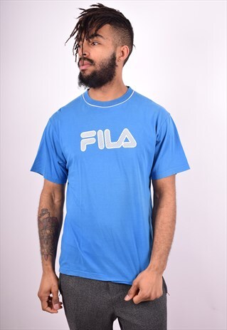 FILA MENS VINTAGE T-SHIRT TOP MEDIUM BLUE 90'S