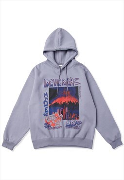 Doomsday print hoodie apocalypse pullover grunge top in grey