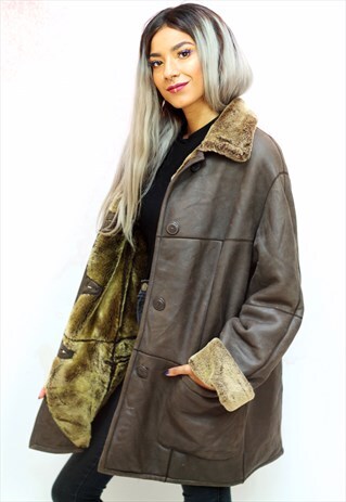 1980S VINTAGE BROWN LEATHER COAT WITH FAUX FUR LINING