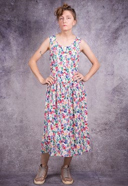 Retro 80s long, sleeveless dress in boho style, floral print