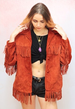 1970S VINTAGE REAL SUEDE BURNT ORANGE TASSEL FRINGE JACKET