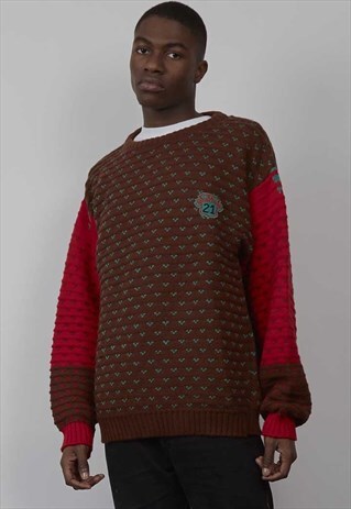 VINTAGE 90'S ARMANI CHUNKY KNIT RED/ BROWN JUMPER