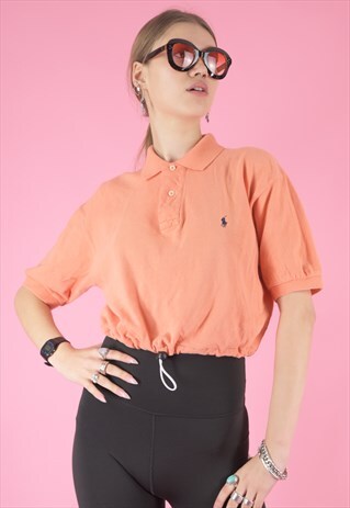 VINTAGE REWORKED RALPH LAUREN CROP TOP POLO SHIRT IN PEACH