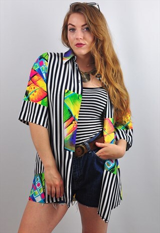 VINTAGE ABSTRACT FESTIVAL PATTERNED STRIPY TROPICAL SHIRT