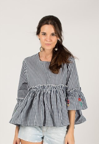 BLUE CHECK PRINT FLORAL EMBROIDERED SLEEVES TOP