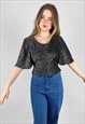 70'S VINTAGE LADIES BLOUSE SILVER LUREX FLUTED SLEEVES CROP