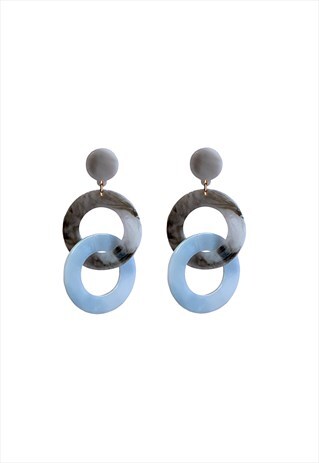 GREY AND BLUE DOUBLE CIRCLE DANGLE DROP EARRINGS