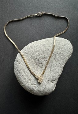 80's Vintage Ladies Gold Metal Necklace Diamante Pendant
