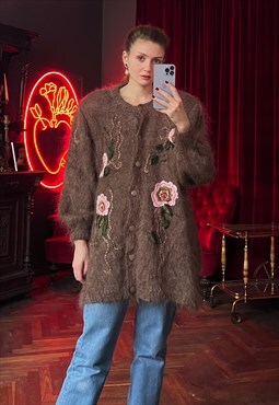 Lined Oversized Fuzzy Mohair Cardigan with Embroidery