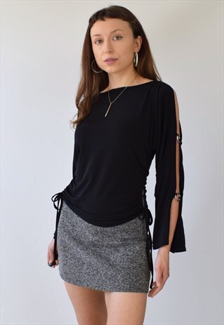 VINTAGE 90S Y2K 00S BLACK SILVER METAL O RING CLUB WEAR TOP