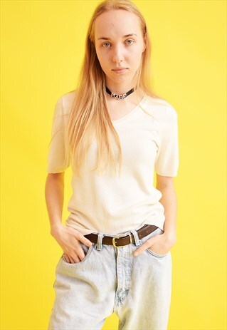 90'S RETRO KNIT NEUTRAL MOMS TOP BLOUSE