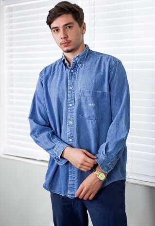 VINTAGE NAUTICA SHIRT DENIM LOGO 90S L 16.3