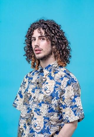 CARLOS UNISEX BLUE LION PRINT COTTON SHIRT