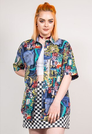 VINTAGE 90'S ABSTRACT FLORAL PATTERN SHORT SLEEVE SHIRT