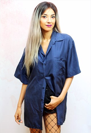 1990S VINTAGE MIDNIGHT BLUE PURE SILK OVERSIZED SHIRT