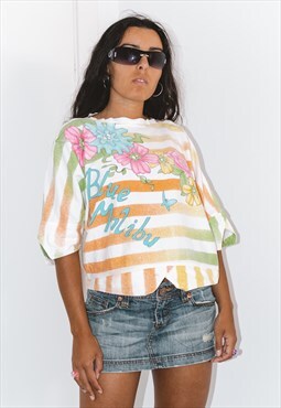 Vintage 80s Striped Hibiscus Summer Sweatshirt